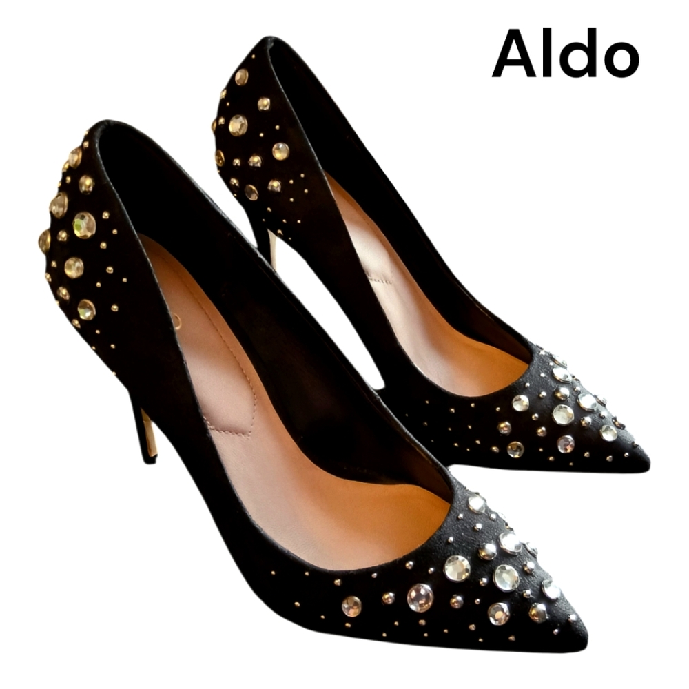 Aldo Black Stiletto Pumps with Beads and Studs - Festive Heels for Parties 7.5